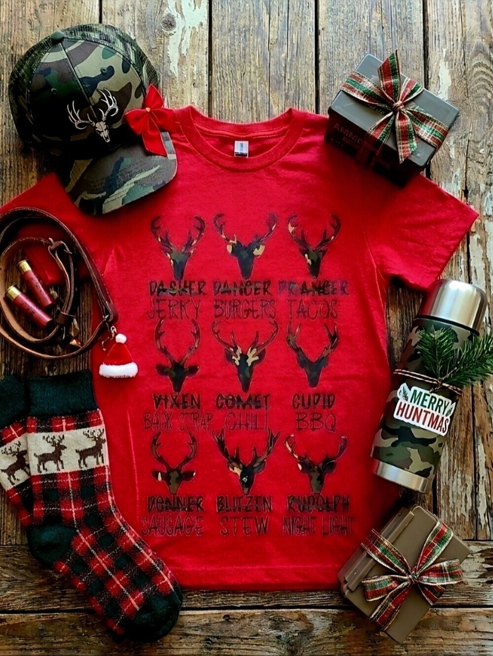 Camo Christmas Reindeer Jerky Tee | Funny Hunting Shirt | Rustic Western Holiday